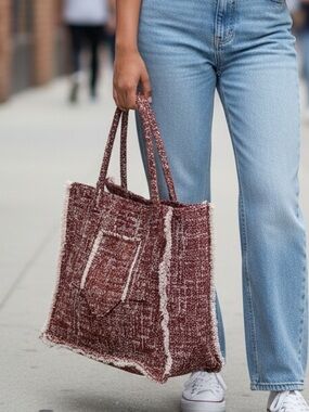 Textured Burgundy Tote Bag with White Trim